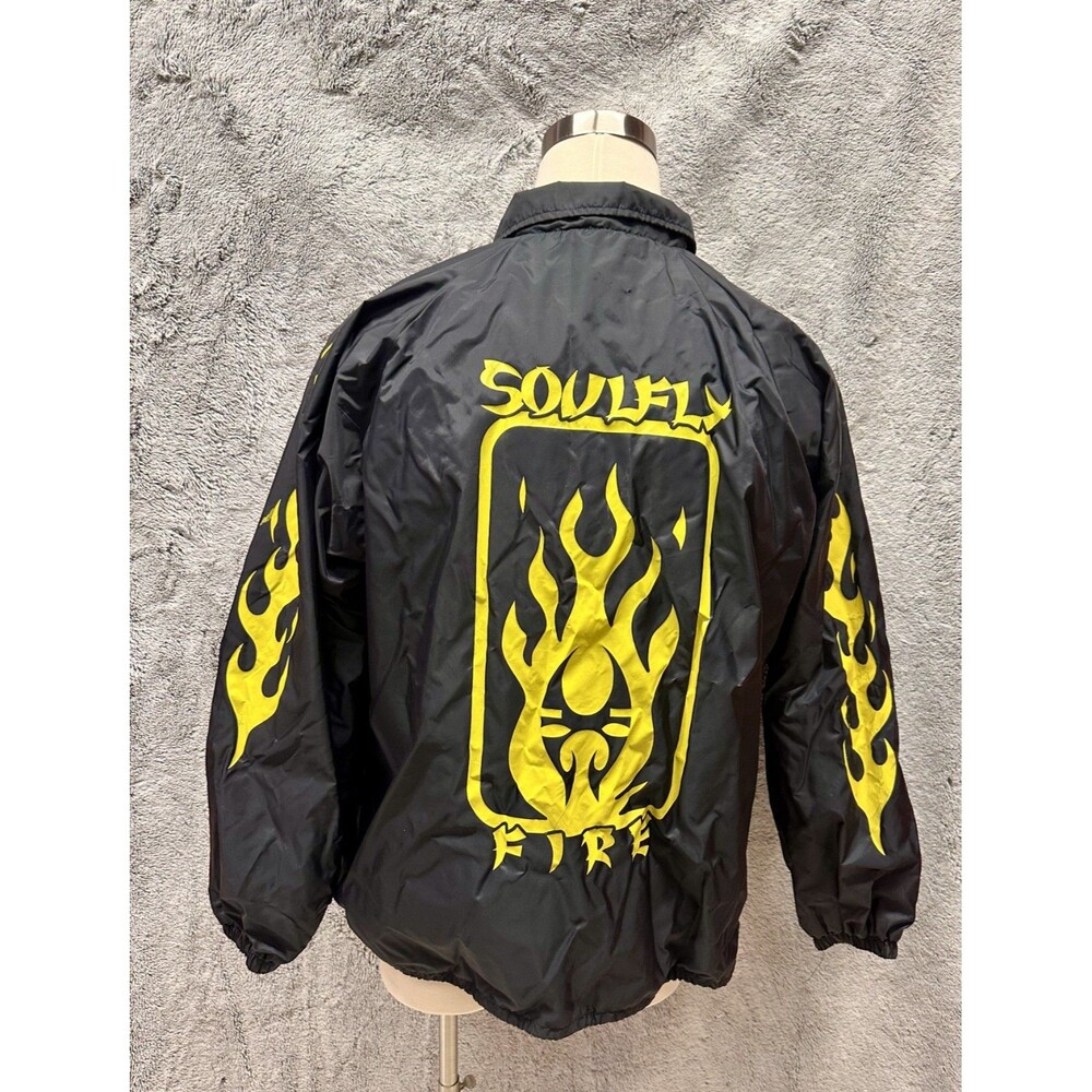 Vintage y2k windbreaker Jacket SOULFLY FIRE Flames Black Snap Nylon 2XL - Picture 5 of 10